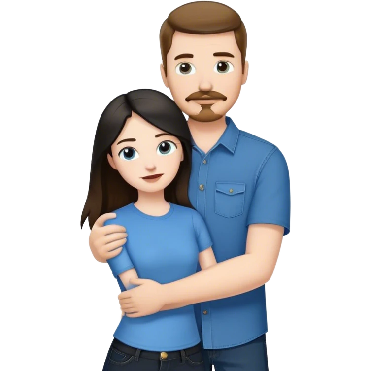 tall white guy with brown hair goatee mustache wearing blue shirt and black jeans hugging a shorter white girl with long black hair with blue jeans and white shirt emoji