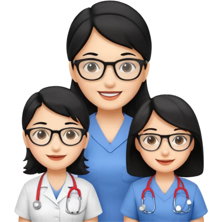 Genera emogis de 4 cuatro enfermeras de cabello negro largo, una de ellas con lentes emoji