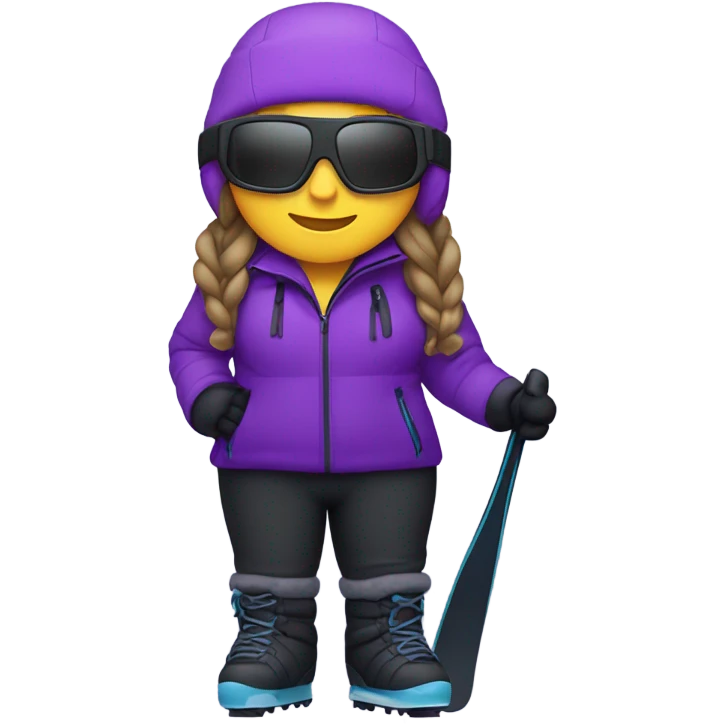 chubby female skier with long hair, glasses, violet snow jacket, black pants, black snow boots and black skis. No poles. emoji