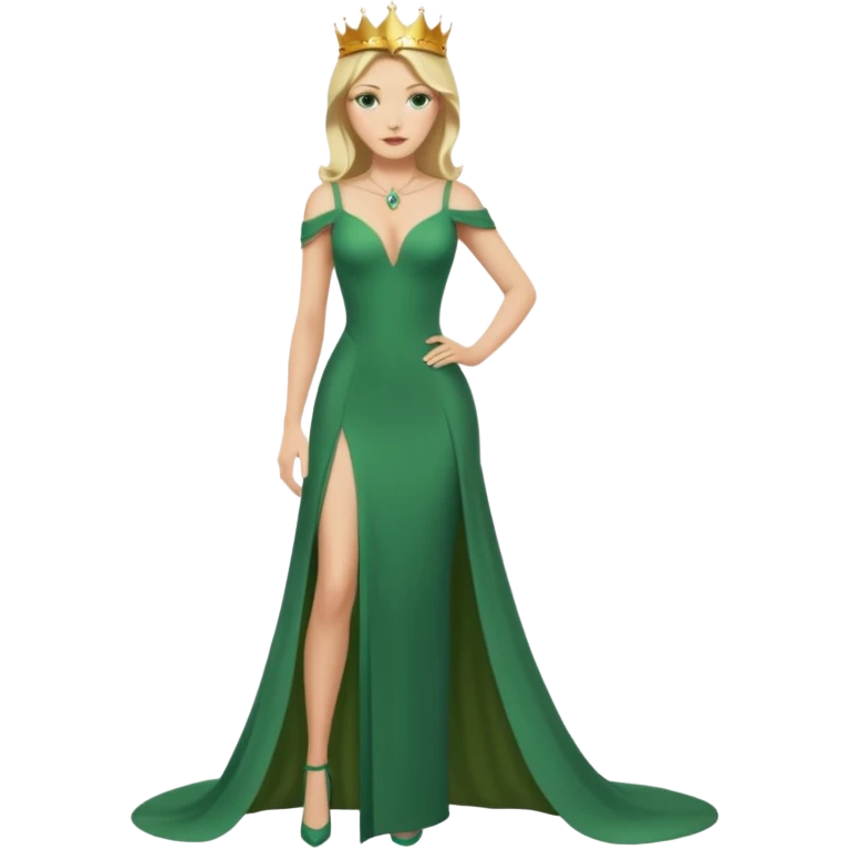 Queen, crown, blonde hair, green eyes, long green tight dress, decoltee,  Leg slit, whole Body, emoji