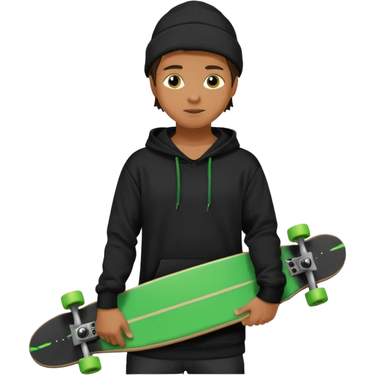 Un hombre sorteando con camisa negra encapuchado y tabla verde  emoji