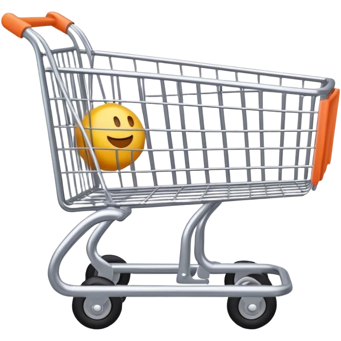 Create an emoji with a shopping cart. The design should be sleek and minimalistic, featuring a classic shopping cart with a simple frame and wheels. The cart should have a friendly, clean look with smooth lines, and it should appear dynamic and modern, with subtle details like the basket grid and handle emoji