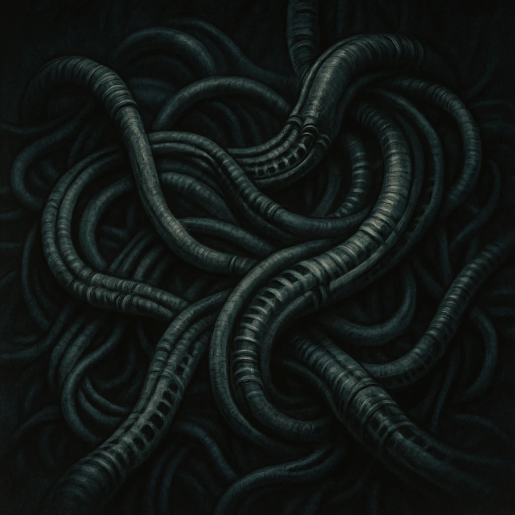 tangled cables with biomechanical textures, inspired by Giger, dark and surreal emoji