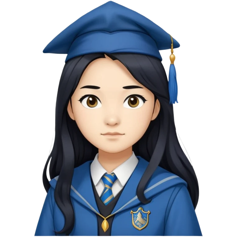 Cho Chang in harry potter, wear hogwarts Ravenclaw uniform, long black hair, not wearing hat emoji