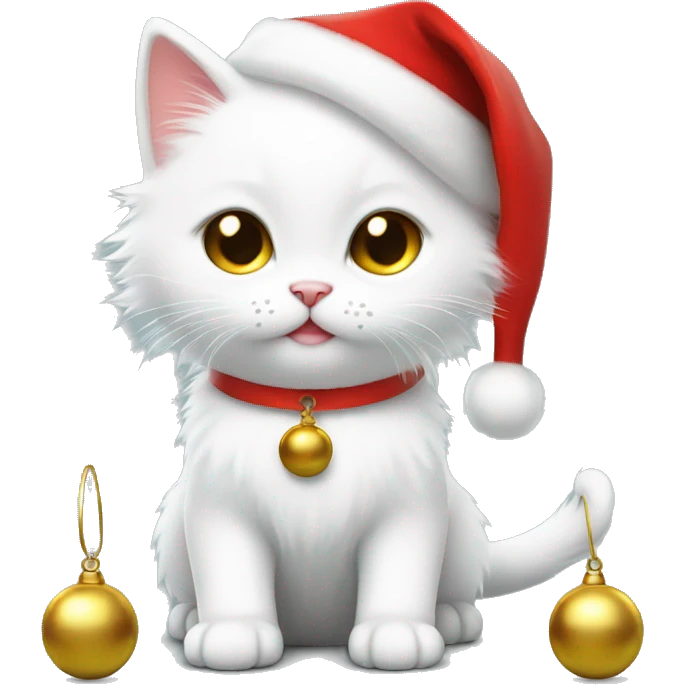 cute fluffy white kitten with a gold bell and a cute red santa hat emoji