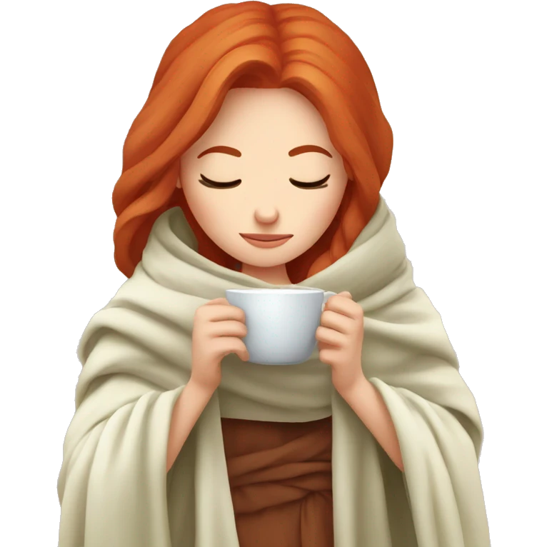 red hair girl wrapped in blanket drinking tea with eyes closed emoji