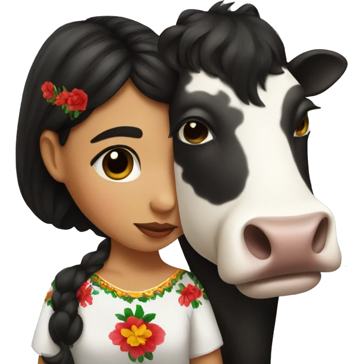Mexican girl with dark hair kissing a cow emoji