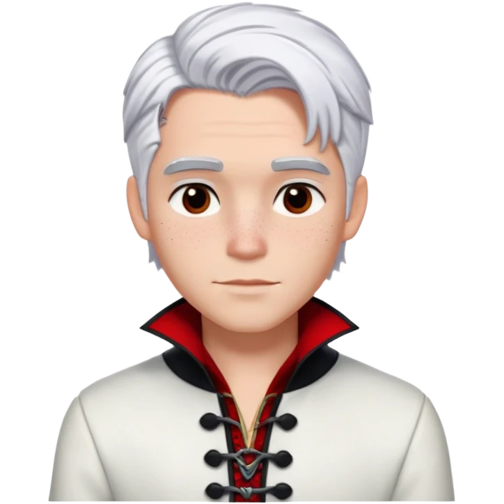 Carlos from Descendants, white hair with black roots, freckles, red black and white outfit emoji