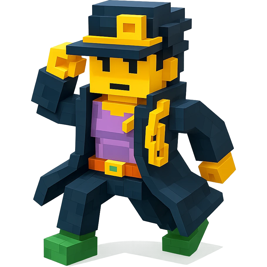 Jotaro Kujo from JoJo's Bizarre Adventure Season 3, as a LEGO minifigure, signature hat and coat, blocky LEGO style, dynamic stance emoji