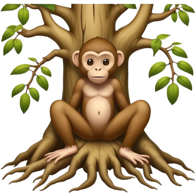 A creature with realistic human feet at the bottom, tree roots forming the legs, and a cartoon monkey face on top emoji