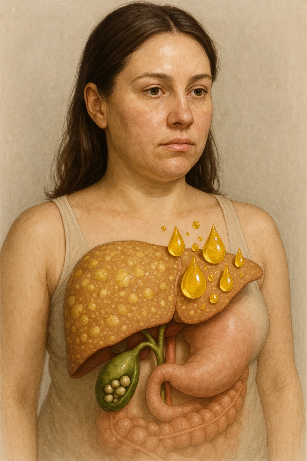donna con fegato grasso immagine realistica e usa oli vegetali formando anche calcoli biliari emoji