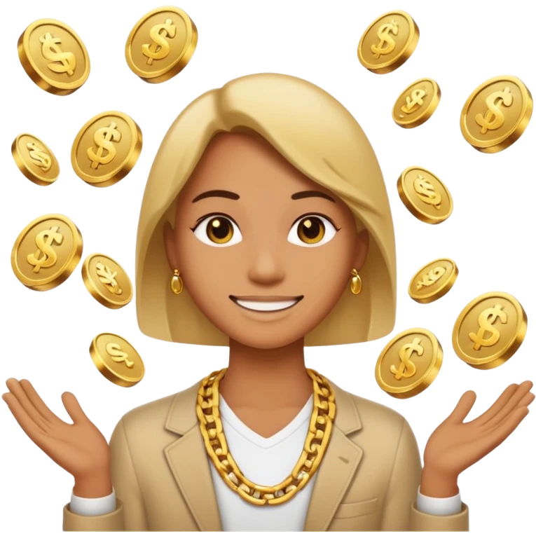 Confident digital creator with gold chain, subtle smile, money icons floating around, modern emoji style, minimal background emoji