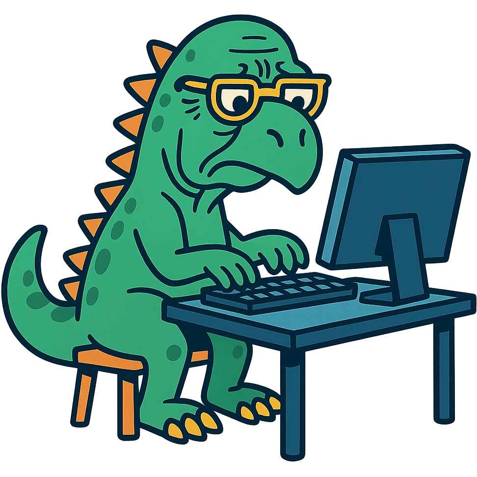 cartoonish old dinosaur typing on a computer emoji