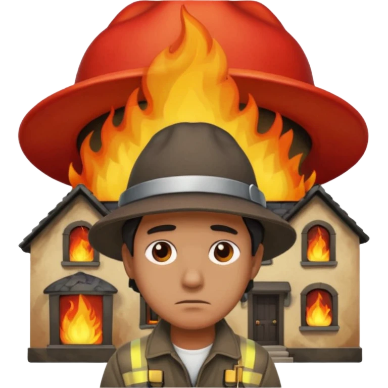 sad man standing with a house on fire behind him, bigger flames, apple style emoji emoji