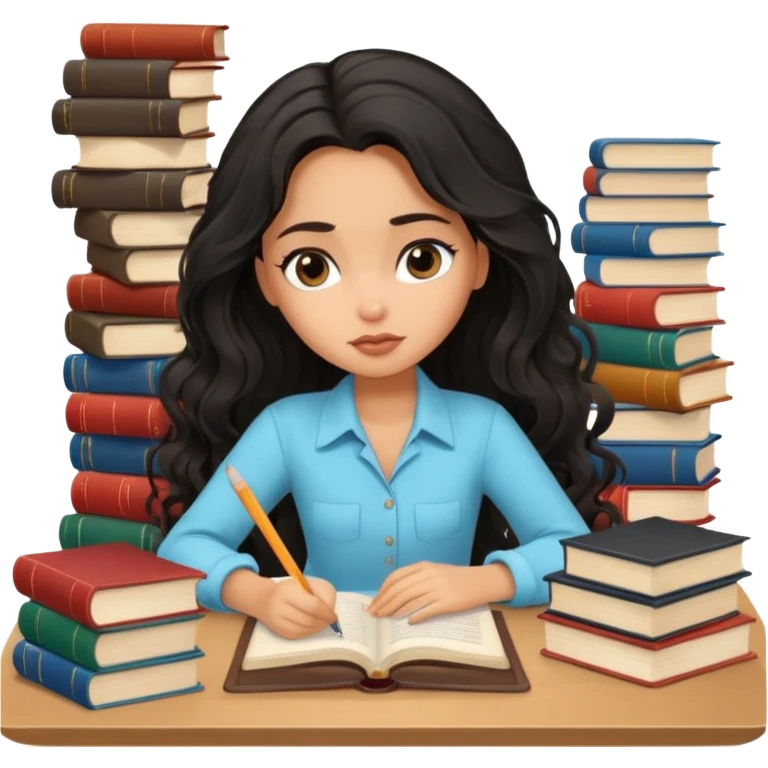 a pretty tan bratz girl with black wavy long hair studying. Pile of books on the table. No glasses. Looks tgired emoji