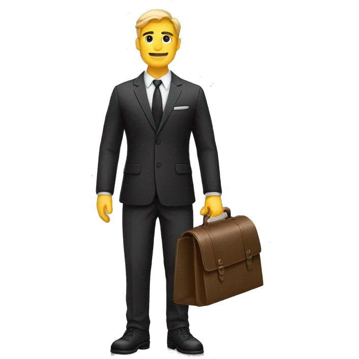 Homme d’affaire blanc en vêtements noir avec des grands pieds et une mallette  emoji