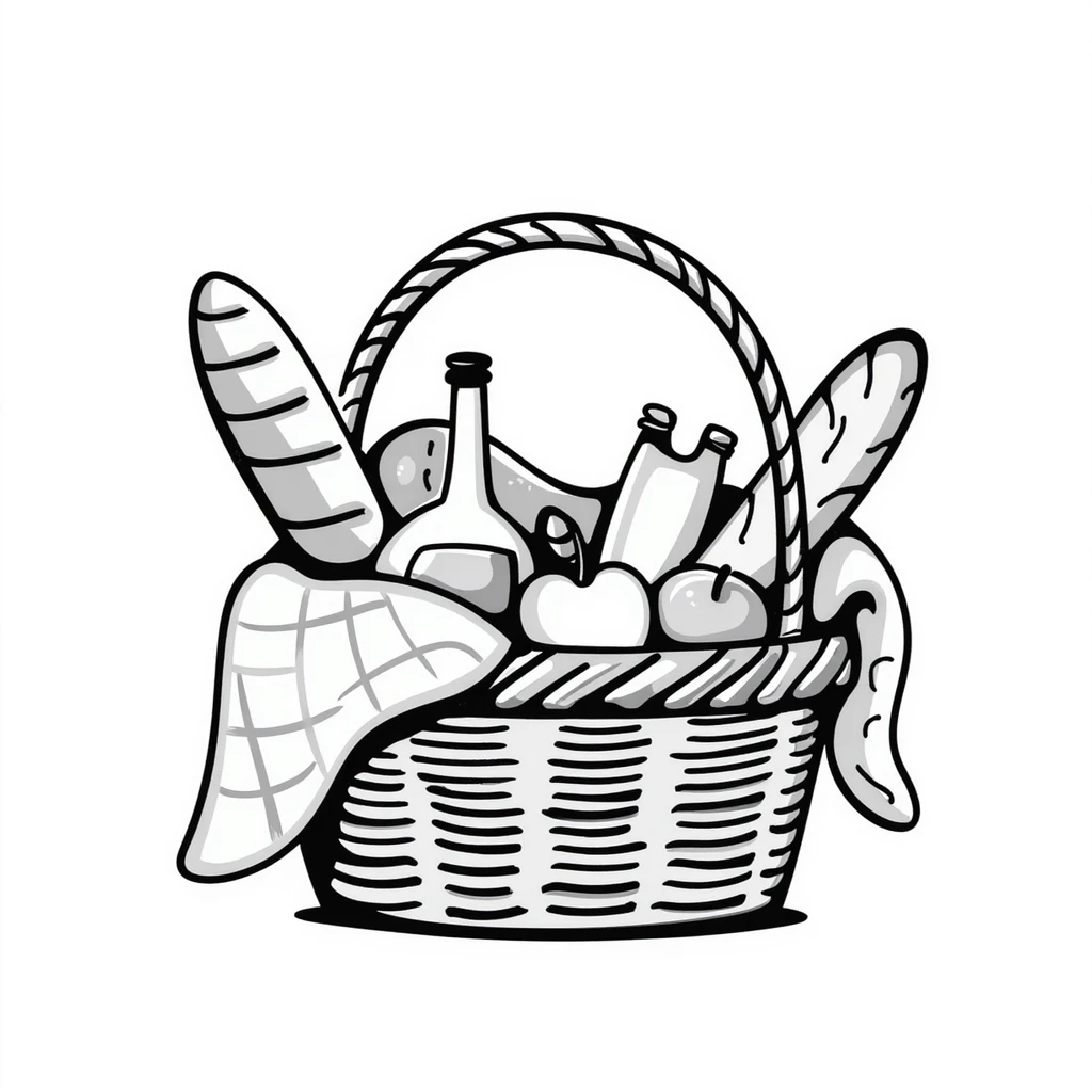 A wicker picnic basket with handle and contents like food items in pastel colors (dd9fb0, ffc6d3, a3bfc9, c4bee2, f1b091), hand-drawn doodle style emoji