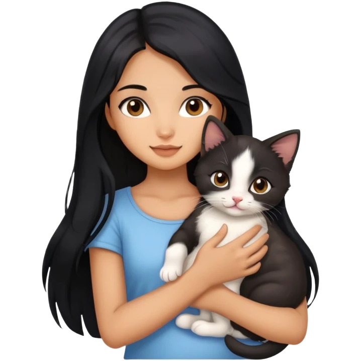 Beautiful girl with long black hair holding a cute kitten in her arms emoji