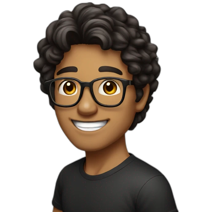 Caramel smiling guy, dark brown eyes, black long wavy hair, no facial hair, thin and long nose, round glasses, black t shirt emoji
