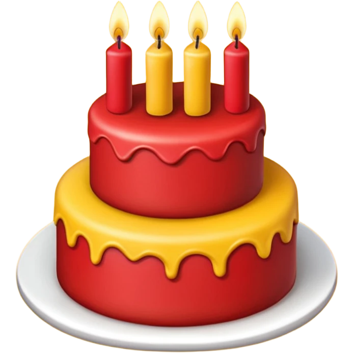 large red and yellow birthday cake with three candles, iOS emoji style, no background emoji