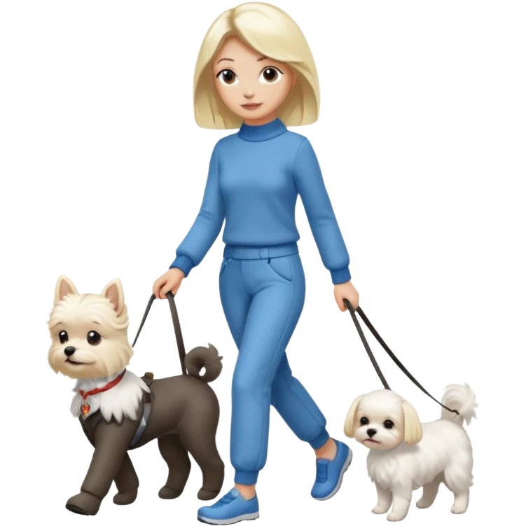 blonde woman wearing pants, walking a small maltese dog. emoji
