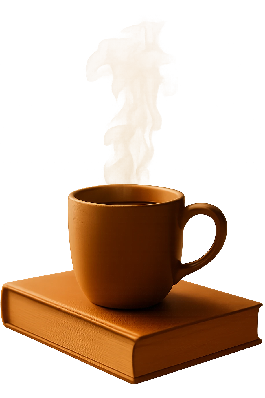 Remove the background, keep the steaming mug of tea on a book, cozy atmosphere, transparent background. emoji