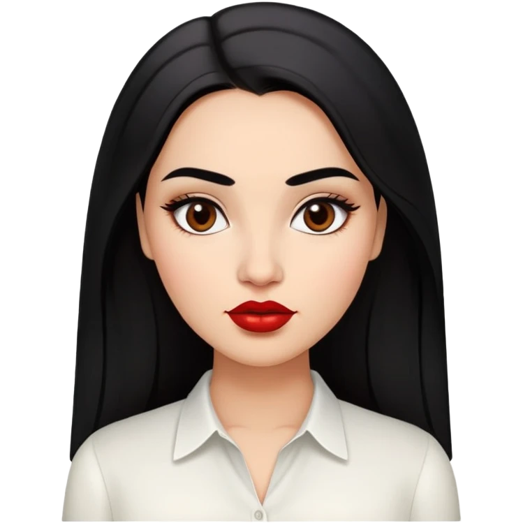 Young fuller-figured woman with oval face, high cheekbones, brown skin, dark brown eyes, thick eyebrows, red lipstick, long straight black hair, slightly plump, wearing a white blouse emoji