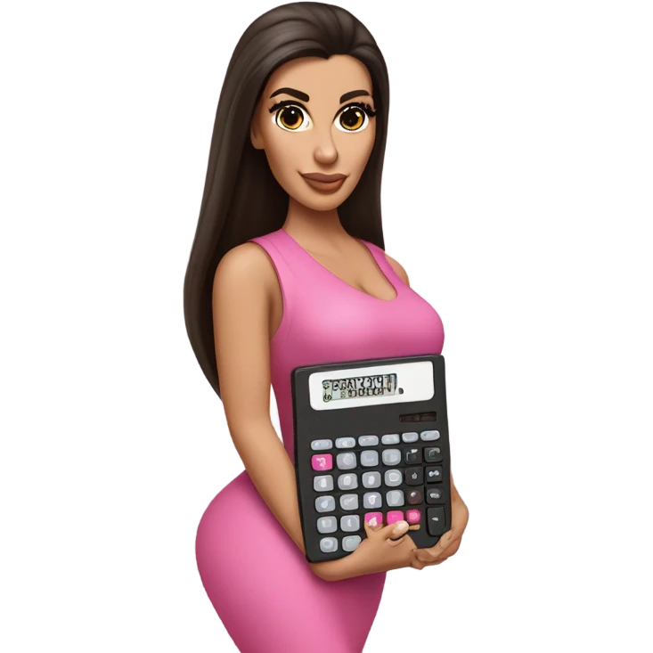 Hyper realistic kim kardashian with long straight brown hair holding a small pink calculator in her hand emoji