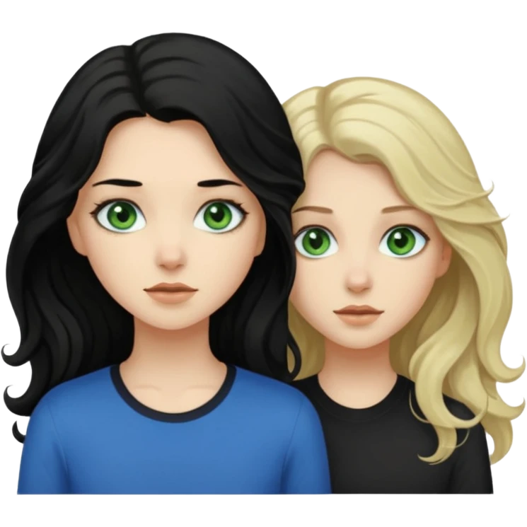 Girl who is pale with long slightly curly hair and green eyes next to a girl with mid length dirty blonde hair and blue eyes who is also pale emoji