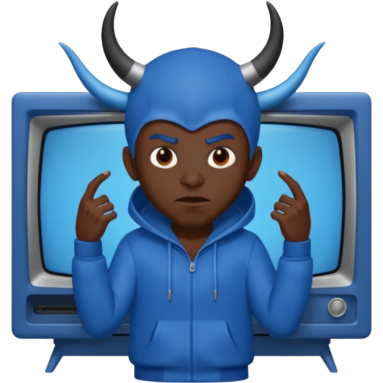 Vox the demon with a TV as his head wearing all blue emoji