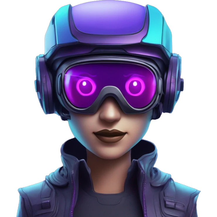 Secret human agent in a futuristic hat with in Apple VR goggles headset code display on the goggles , cyberpunk, cyan and purple colors, only upper body portrait, front facing the camera  emoji