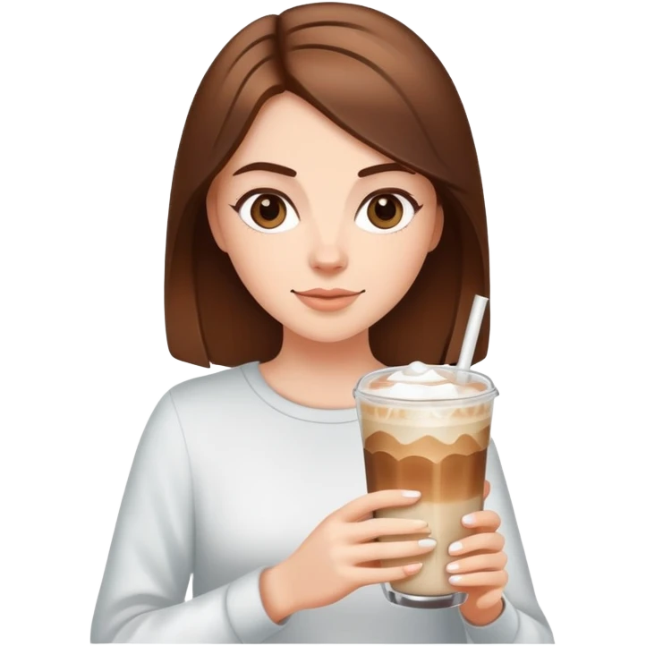 White girl with brown hair has ice latte coffee in glasse cup emoji