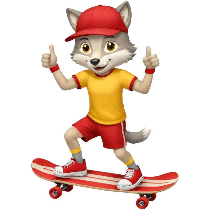 A gray wolf with large, expressive eyes and a friendly smile. The gray wolf is wearing a bright yellow T-shirt, red shorts, white knee socks, and sneakers. The baseball cap is worn backwards. The wolf holds a skateboard in one hand and gives a thumbs-up with the other, a confident and cheerful pose. emoji