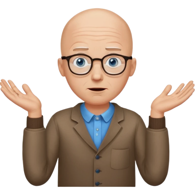 bald man with blue eyes and eye glasses shurgging with hands emoji
