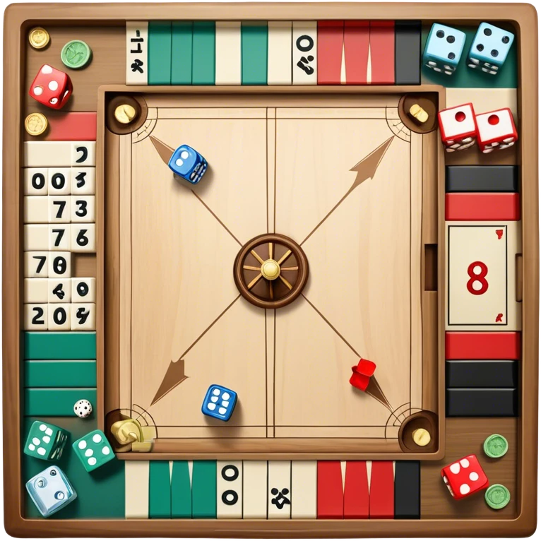 A photorealistic icon featuring a backgammon board with dice, a Monopoly board with money and property cards and a Game of Life spinner. The design captures the detailed textures of the boards, pieces, and accessories. Transparent background. emoji