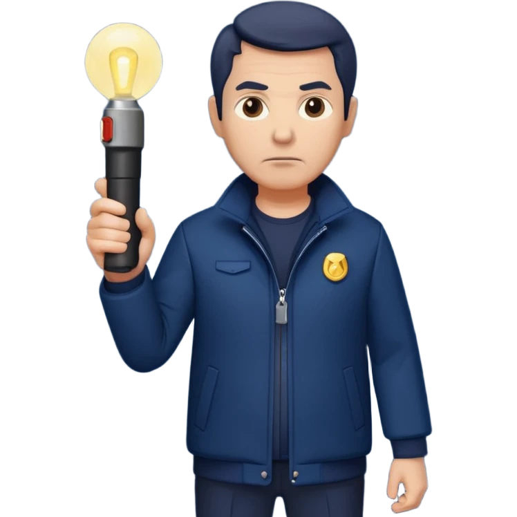 Security, Middle-aged, wearing navy blue jacket, serious facial expression, holding flashlight, full body emoji