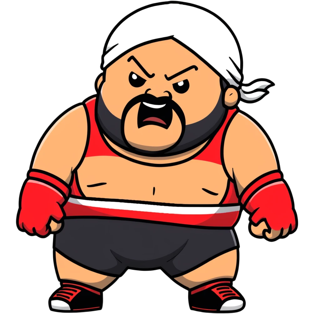 White skin fat guy with black durag, black beard, black eyes in a red and black wrestling singlet with angry face emoji