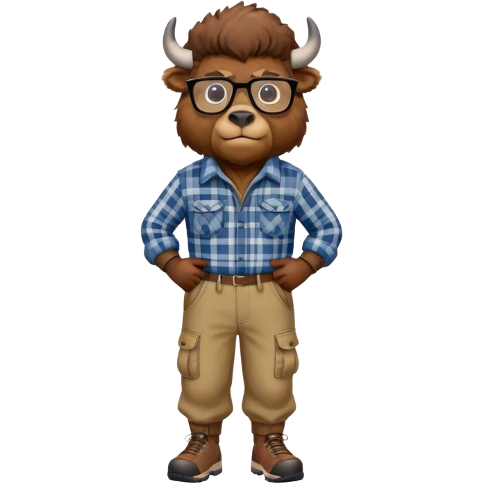 friendly anthropomorphised bison in cargo pants and plaid shirt, wearing glasses, jogging upright emoji