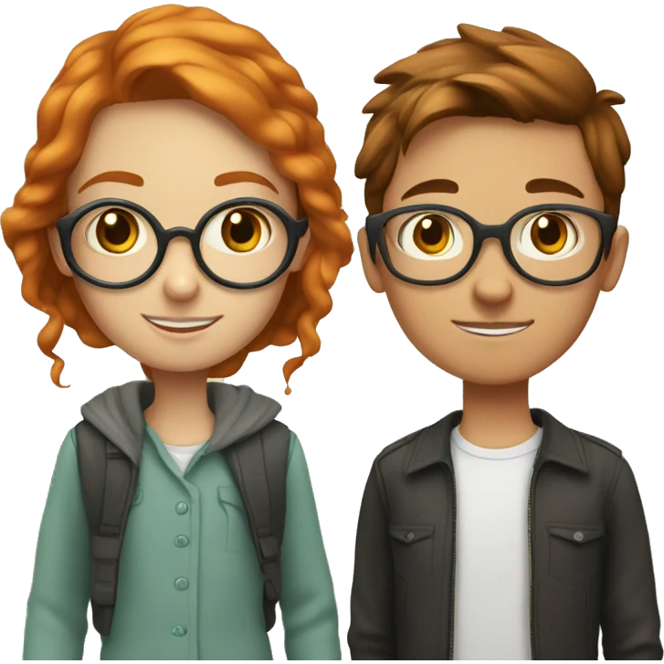 a girl and a boy, next to each other, learning. the girl is ginger and has round glasses and the boy is brunette and has round glasses. they are both white in complexion emoji