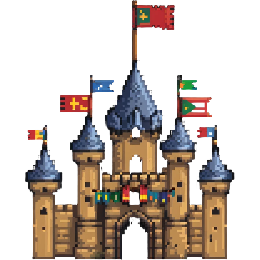 rustic wooden castle with flags emoji