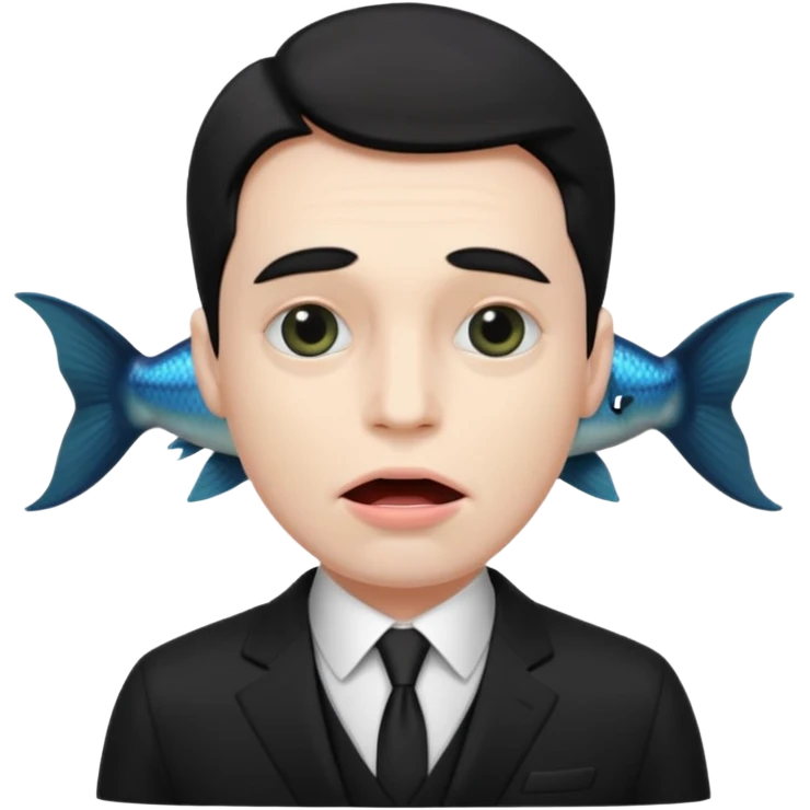 A man dressed in a black suit. His face is that of a fish — therefore, he has no human face. The fish’s face is positioned vertically, meaning its mouth is facing upward. emoji