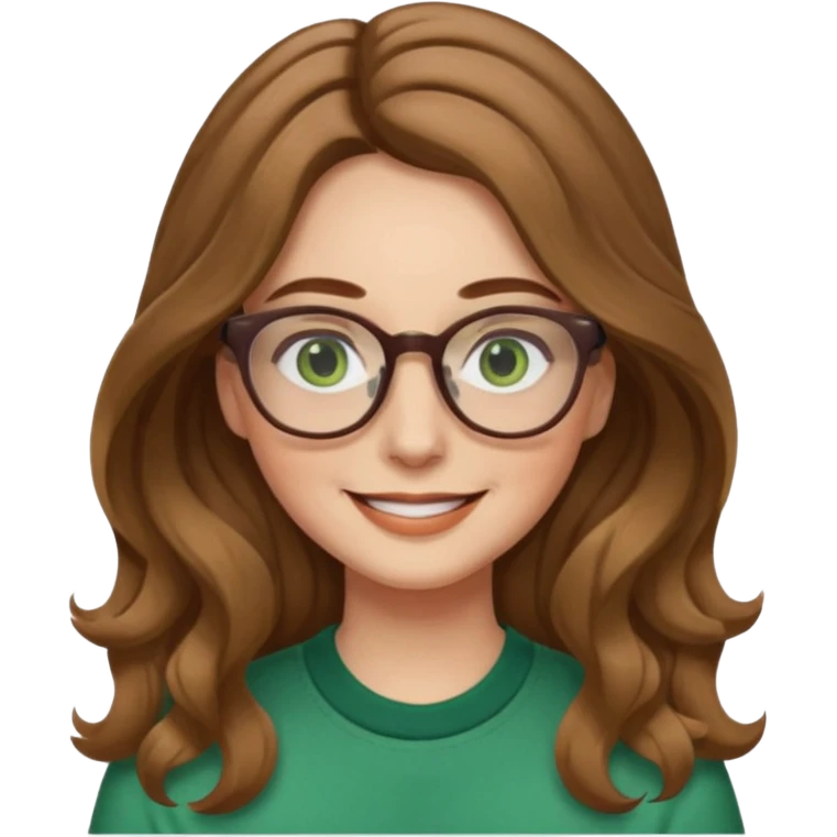 long wavy light brown hair woman with green eyes and glasses smiling closed mouth. middle part hair. medium thick eye brows emoji