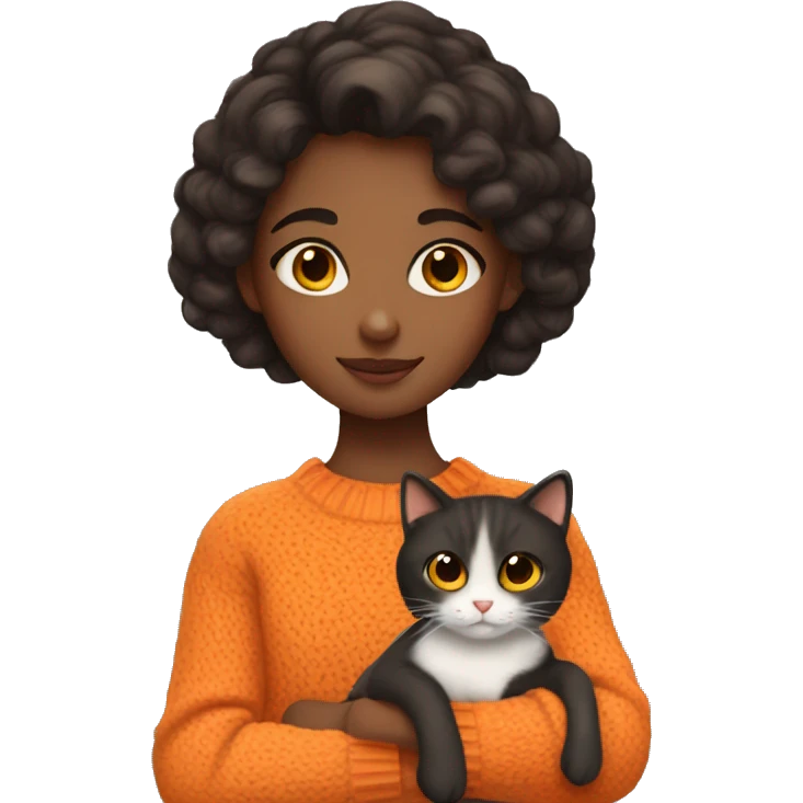Dark brunette girl holding orange cat with sweater and hazel eyes emoji
