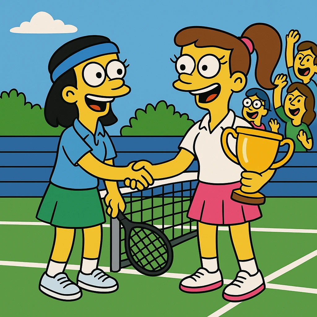  2 female tennis players standing on tennis courte. Congratulating each other shaking hands and smiling, one of them is holding a cup for winning. At the background the spectators cheering emoji