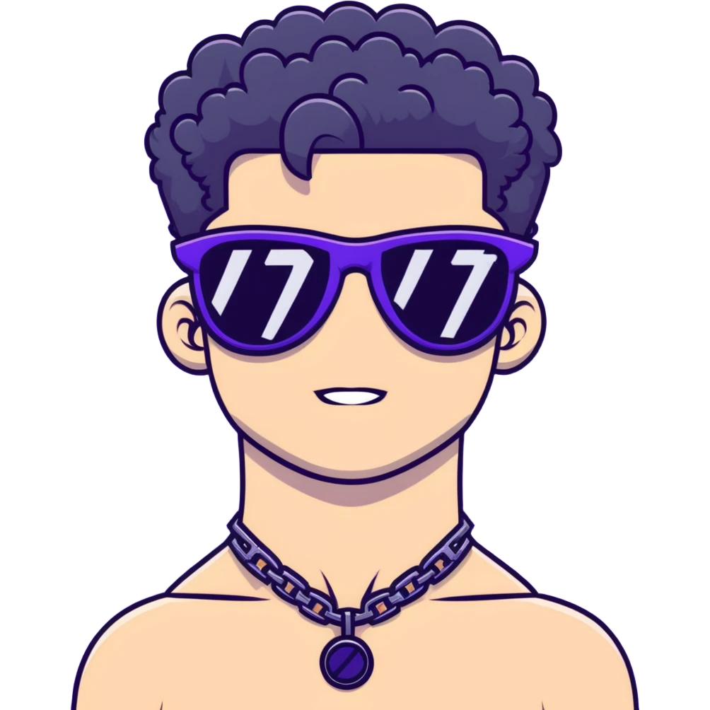 shirtless male athlete with white skin and moderately curly black hair on top with shaved sides, wearing purple sunglasses with black tinted lenses and a shiny black necklace emoji