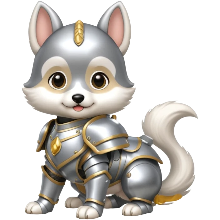 baby chibi dog in silver armor, full body, smile emoji