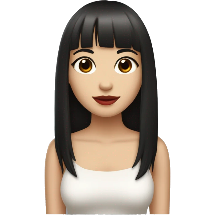 pretty girl with long black straight hair reaching below the armpits with bangs. red lips, brown eyes, white skin, almond shaped eyes  emoji