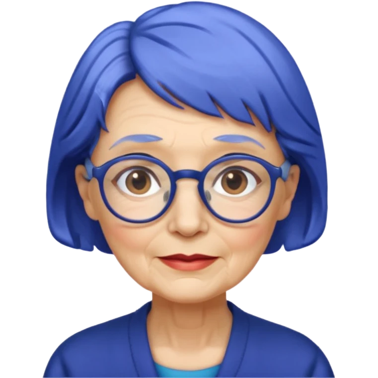 old lady with cobalt hair, wearing glasses, slight curl short hair, long face emoji