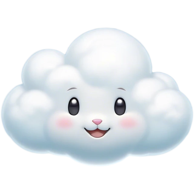 Cinematic tiny puffy bunny-shaped cloud, floating gently in the sky, soft glowing light, tiny rounded ears, smiling face, dreamy and magical. emoji