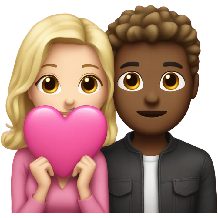 Cute couple, blonde hair woman and man  dark haired kissing holding a pink heart emoji